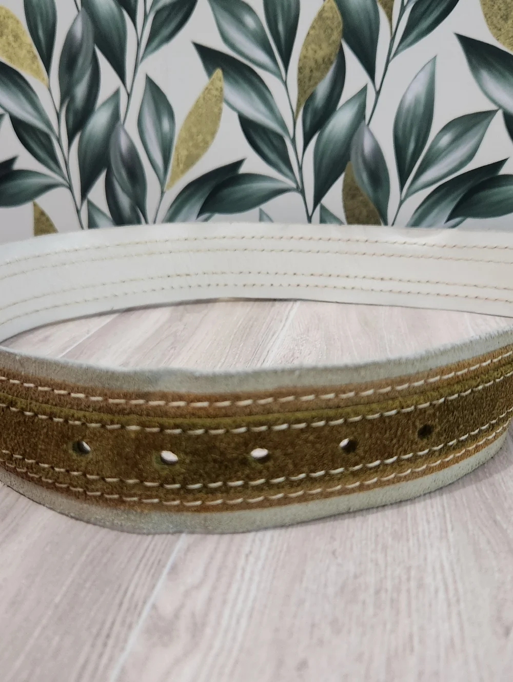 Vintage Canterbury Suede Leather Belt 34 Olive Green Cream Preppy Brass Buckle